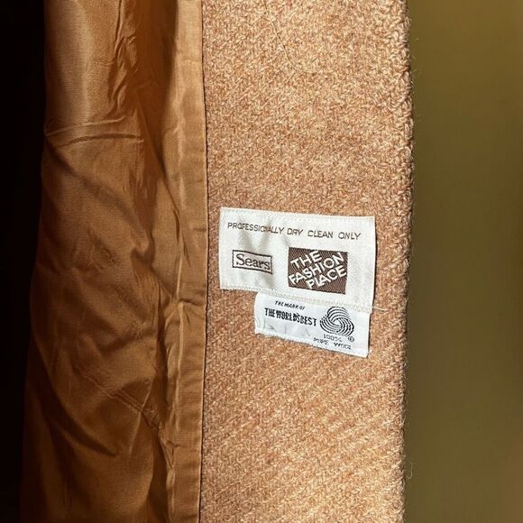 Vintage 60s Pure Wool Swing Coat Button Down Tan Brown Fur Collar Medium - Picture 8 of 13